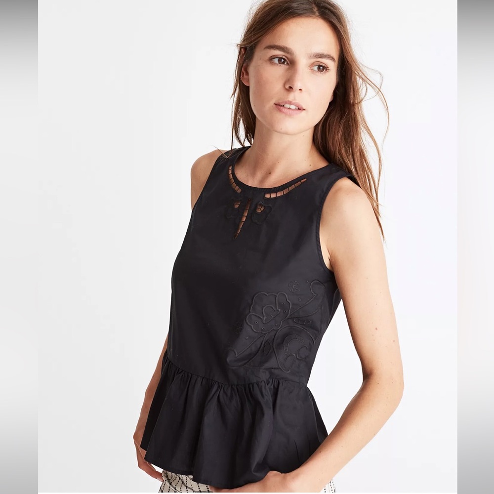 Madewell G7342 Embroidered Peplum Tank Top in Black NWT XS